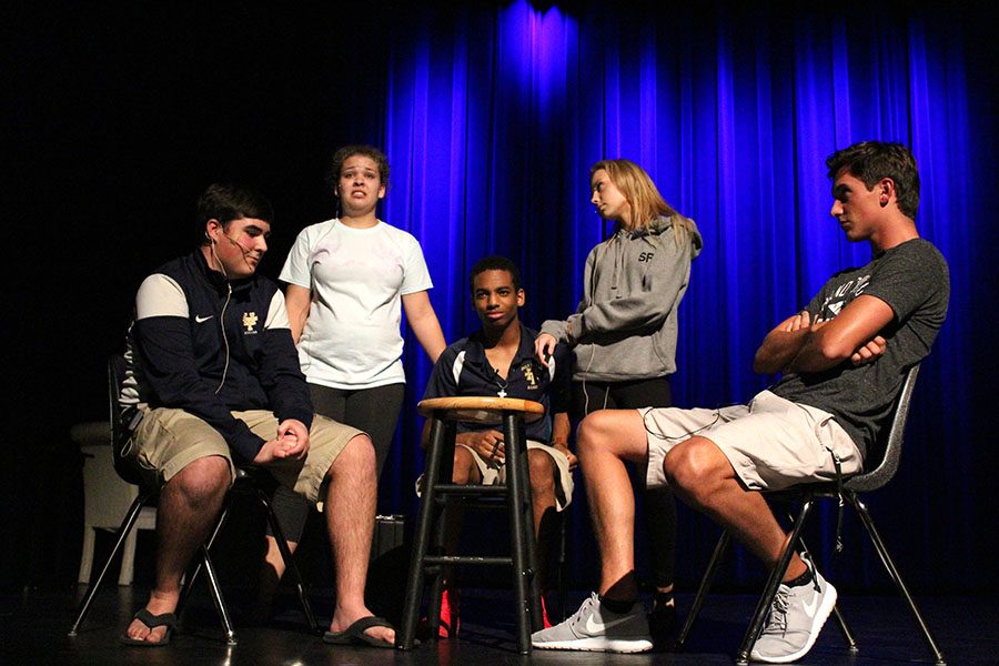 Advanced Acting students rehearse for Polyface, a one act play written by senior Gabo Perez.