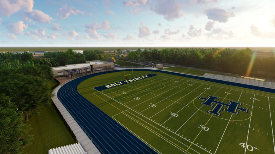 The newest rendering of the Tiger Complex depicts the blue track and turf field. The project is set to finish Phase One in the near future.