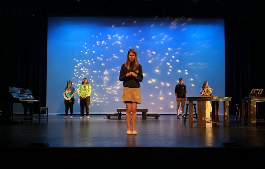 Senior Sarah Kimmerling delivers the shows final monologue during a Tech Week rehearsal. Kimmerling won Best Actress in the District at the District 11 One Acts Festival for her portrayal of Henrietta Leavitt. 