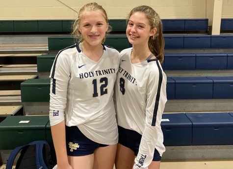 Eighth-grader Isabelle Clark, left, joined freshman Brianna Wakefield on this years HT varsity volleyball team.