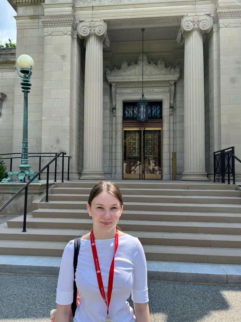 Mullen standing in front of one of Brown University’s three libraries.