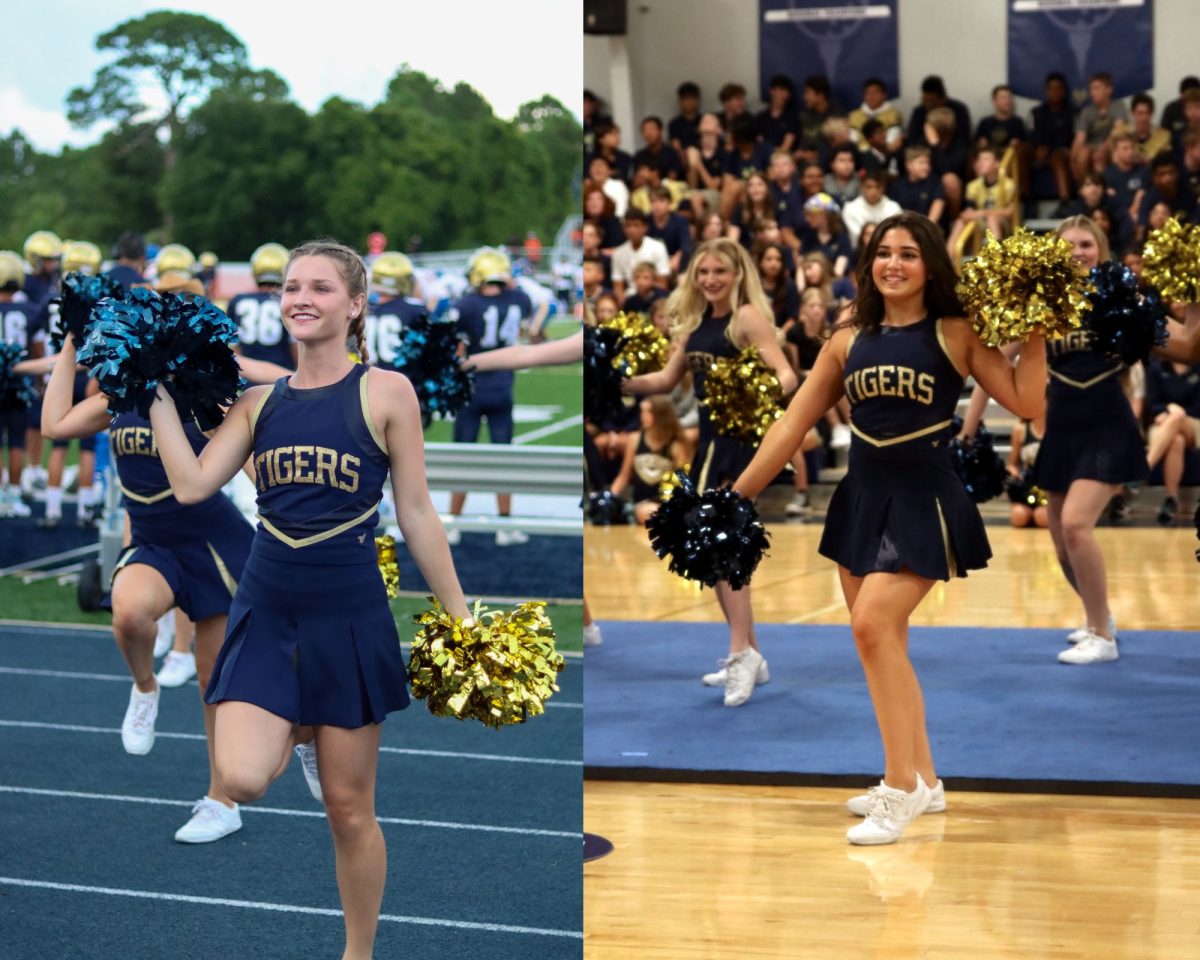 Senior Ava Knight, left, and sophomore Jersie Ramos lead the crowd in cheers at a football game and pep rally. Photos by Kate Hughes and Caroline McDermott.