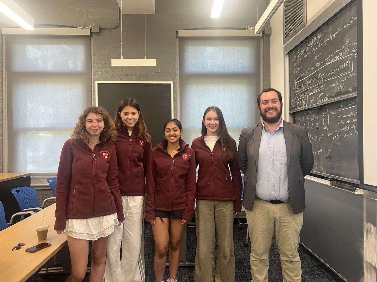 Paige Mullen (left of professor) stands with classmates during the summer program.  